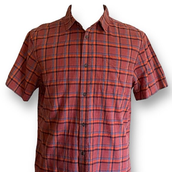 Prana Mens Shirt Sz Large Brown Blue Plaid Slim Fit Short Sleeve Organic Cotton - Picture 2 of 8